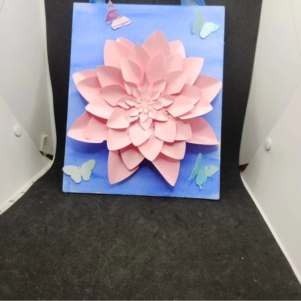 Handmade Dahlia Flower Canvas Wall Art, Mixed Media Watercolor Painting, Pink
